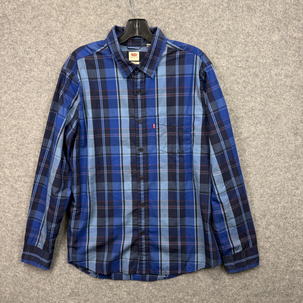 Levis Mens Blue Plaid Long Sleeve‎ Button Down Shirt Standard Fit Size L Cotton